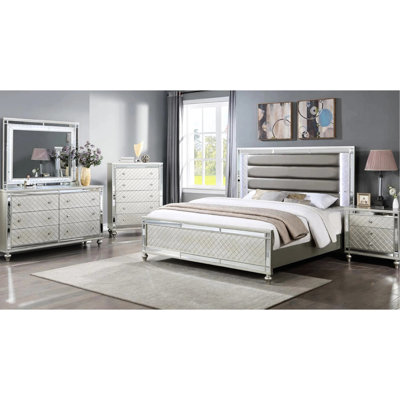 Lit à panneau très grand 1pc avec superbe finition argentée, canal, luxe moderne et éclairage à DEL intégré pour la chambre à coucher avec éclairage,