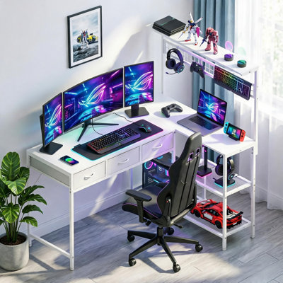 Bureau en L avec prises de courant et DEL, table d'ordinateur de coin à 3 niveaux avec rangement, blanc