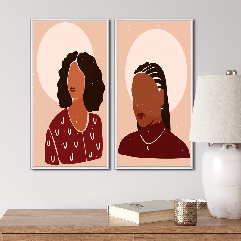 «Retro Woman Portrait Minimalistic Pop II», ensemble de 2 impressions, H 32 po x l 32 po x P 1 po, Toile avec cadre blanc