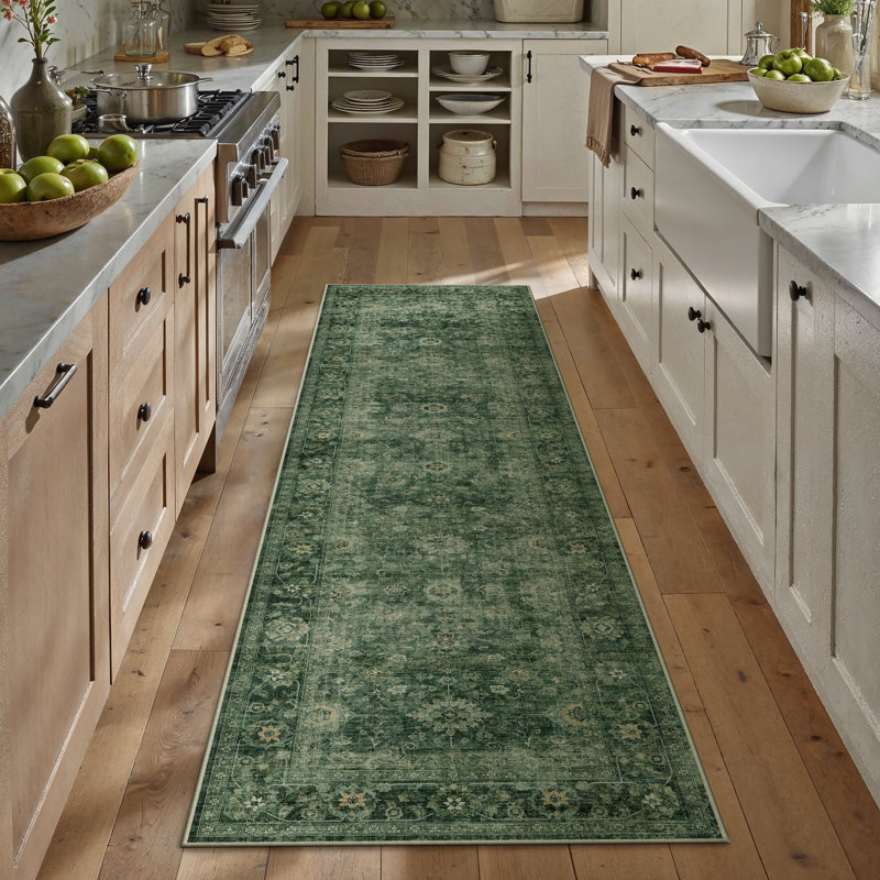 Tapis persan rétro Virelle lavable à la machine et antidérapant, Vert, Tapis de couloir 2 pi x 8 pi