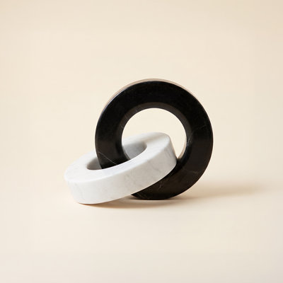 Unity Marble Ring Sculpture – 5.5" Handcrafted Black & White Marble, Modern Interlocked Décor for Shelf or Table