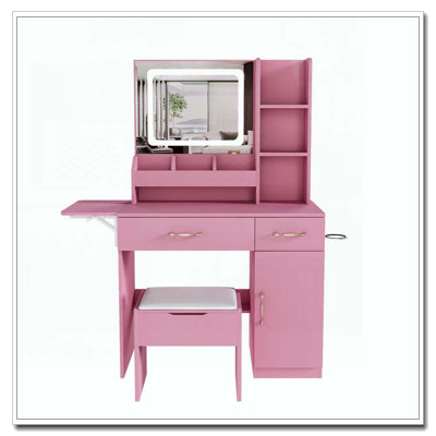 Miroir de coiffeuse à DEL avec tabouret, coiffeuse pour chambre à coucher, 2 tiroirs et 5 armoires de rangement
