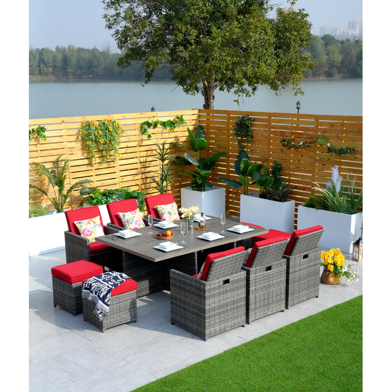 6 - Person Wicker Patio Dining Set with Rectangular Table , Cushions Included, Gray, Red