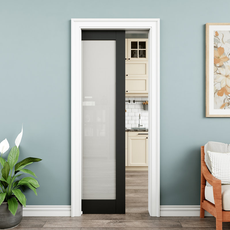 Porte de poche intérieure coulissante en verre givré noir 1-Lite, 30 po x 80 po