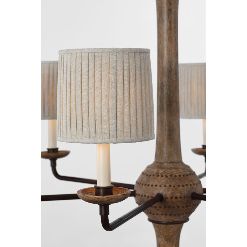 Suzanna Chandelier in Vintage Oak and Aged Iron with Natural Linen Flat Pleated Shades, 34.25" H x 38" W x 38" D