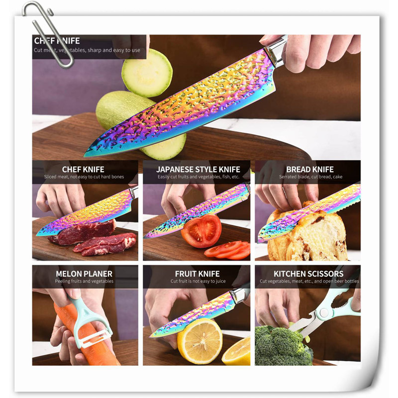 Rephen Knife 15 Piece High Carbon Stainless Steel and Carbon Steel Knife Block Set, Teal
