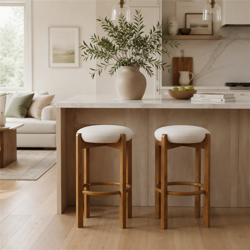 Tabouret de bar rembourré en bois, finition noyer et revêtement ivoire, ensemble de 2
