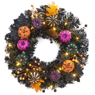 20" Halloween Wreath with Lights for Front Door, Prelit Pumpkin Wreaths with 20 Lights & Timer