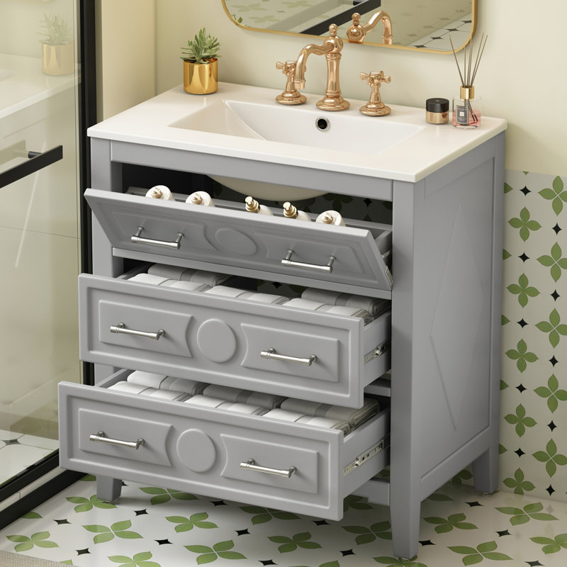 Meuble-lavabo simple de 30 po, lavabo en céramique, structure en bois massif, 3 tiroirs, conception classique, haute qualité, assemblage facile, meuble-lavabo gris Spill Hole, profondeur, trois espaces de rangement polyvalents