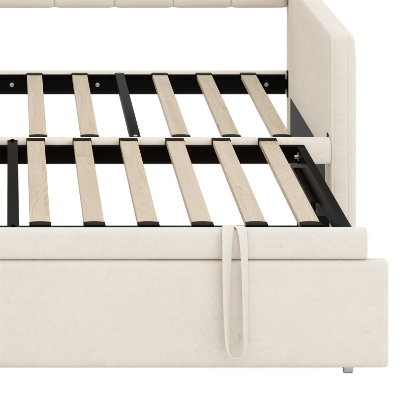 Lit de jour rembourré avec lit gigogne escamotable à hauteur réglable et port de charge USB et Type-C, structure de lit de jour avec 2 poches latérales