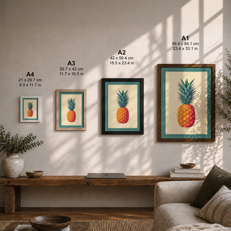 Golden Pineapple Study Botanical - Framed Print, A3 - 42.0 x 29.7 cm, Walnut