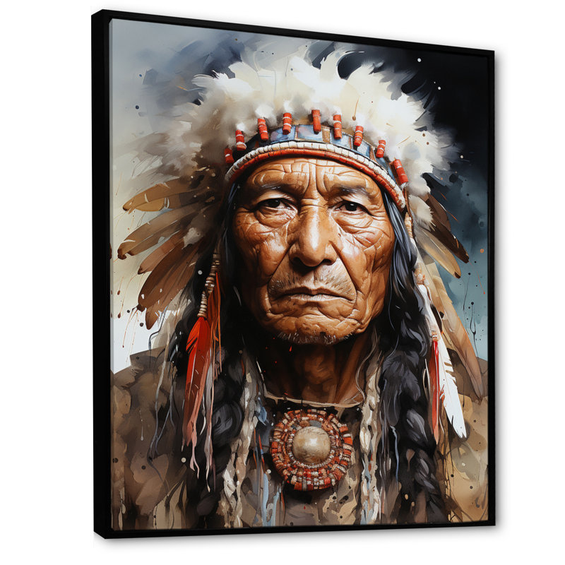 Portrait de Lakota amérindien, H 20 po x l 12 po x P 1 po, Cadre flottant noir