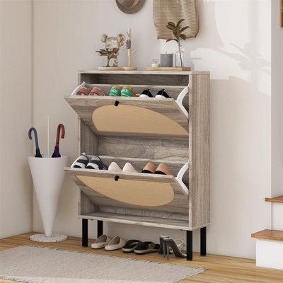 Armoire à chaussures en rotin avec 2 tiroirs rabattables, étagère à chaussures autoportante étroite pour rangement caché, design élégant pour le couloir ou le vestibule