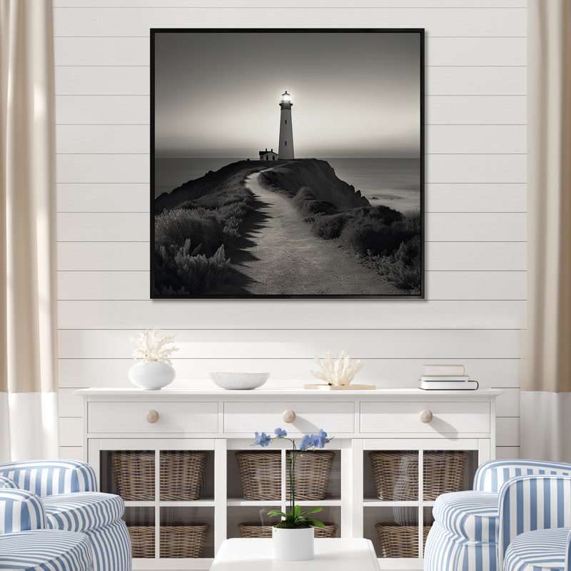 «Black and White Light House Panorama I», reproduction sur toile, Cadre flottant noir, H 16 po x l 16 po x P 1 po