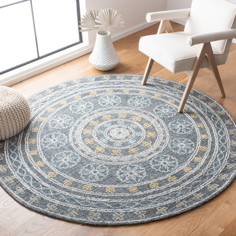 Unionville Hand Tufted Wool/Cotton Oriental Rug in Charcoal/Yellow, Round 6'
