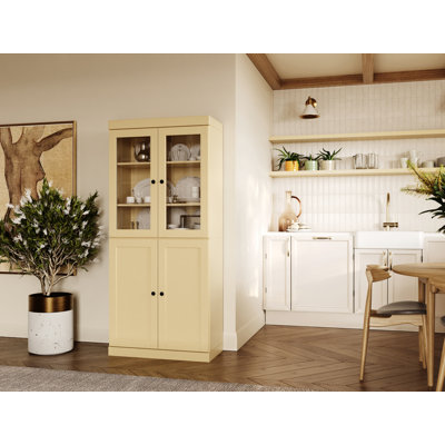 100% Solid Wood Pantry Cabinet, Shaker & Clear Glass Doors, 2 Drawers, Adjustable Shelves, 32" Wide, 71.5" Tall by Hokku Designs