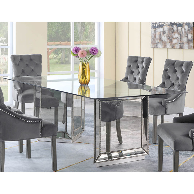 Solene 72" Glass Top with Mirrored Base Dining Table , 30" H x 72" L x 44" W