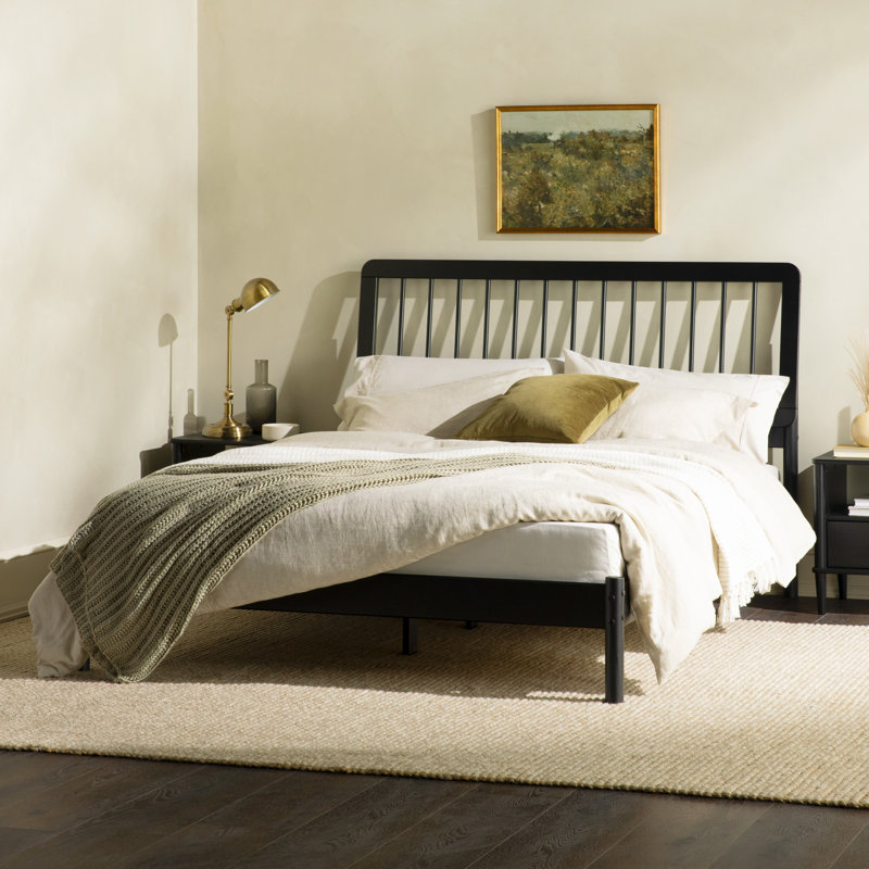 Catrece Solid Wood Platform Bed with Spindle Headboard, Queen, Black