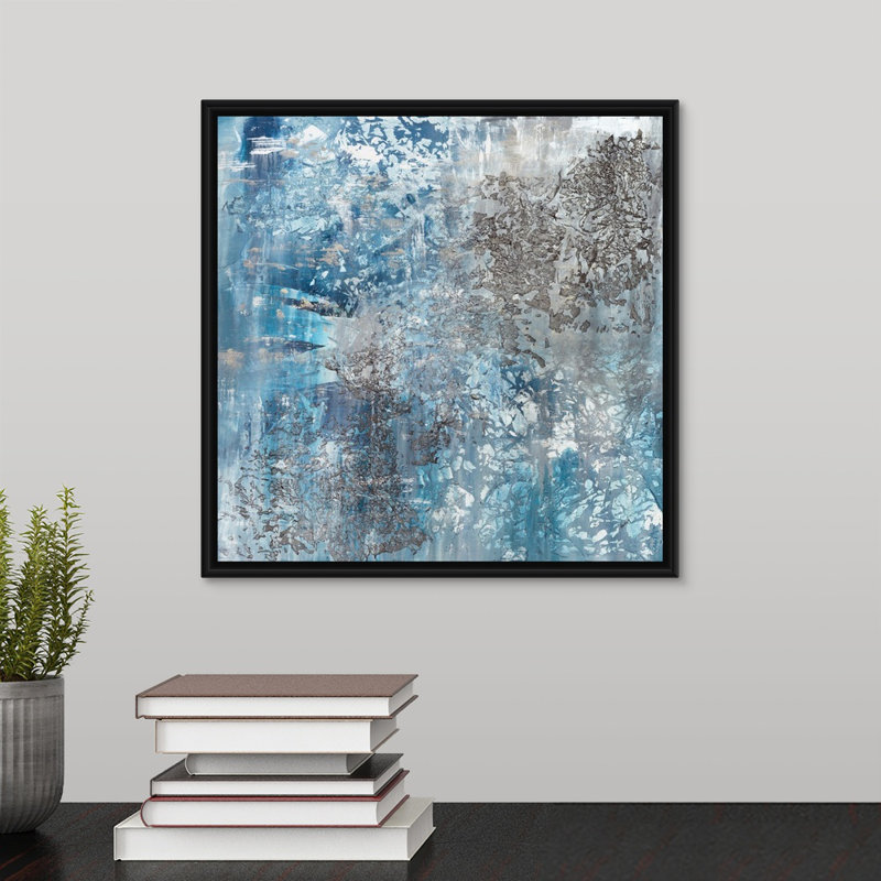 «Water and Stone», peinture sur toile, H 13,7 po x l 13,7 po x P 1,75 po, Cadre flottant noir