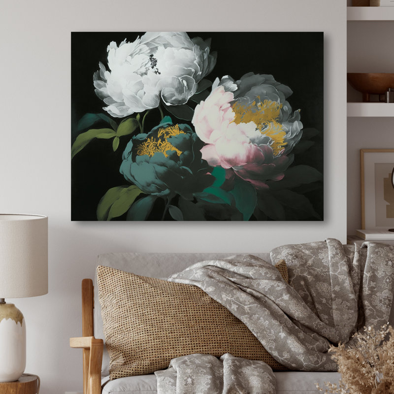 «White Blossoming Peony on Black II», reproduction sur toile, L 32 po x H 16 po, Toile tendue