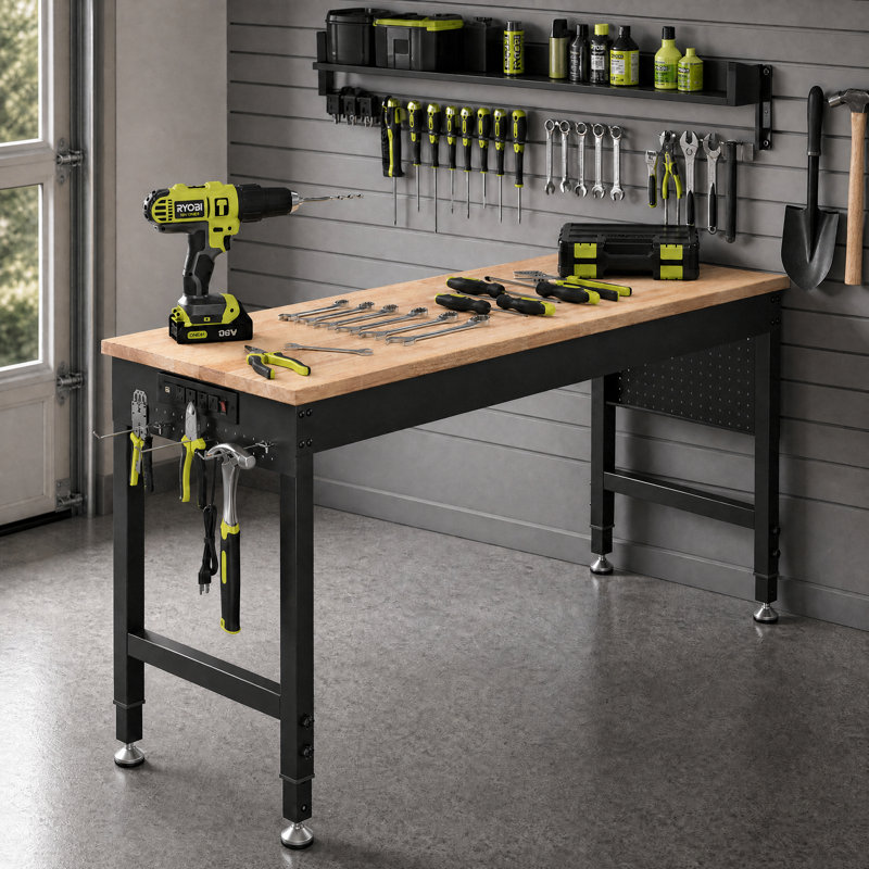  Établi robuste de 60 po ajustable, table de travail en bois d'hévéa de capacité de charge de 2000 lb avec panneau perforé, prises de courant, banc de travail pour garage, atelier, bureau, maison, commercial