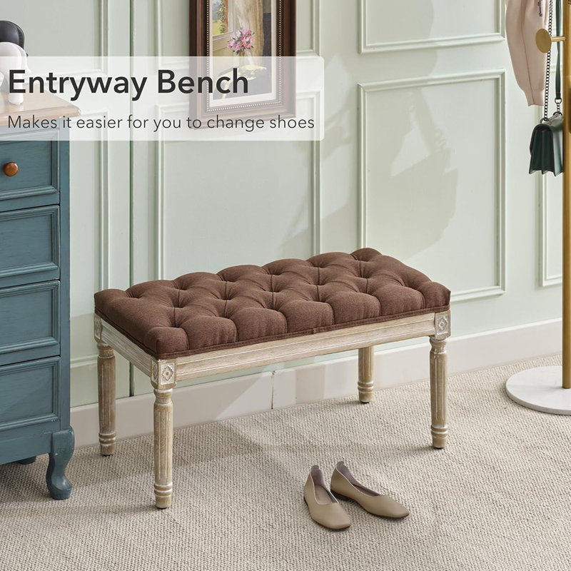 Banc, banc d'entrée en tissu de lin, banc rembourré capitonné avec pieds en bois brossé, brun