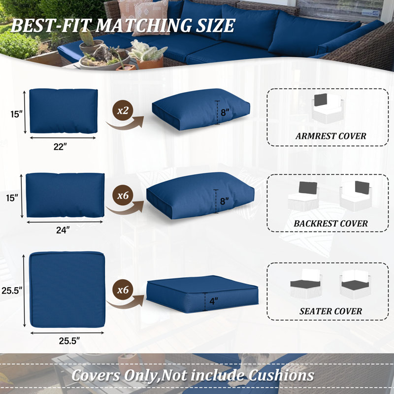 Cartert 14 Pcs Outdoor Cushion Cover Set For 4" Outdoor Cushions Patio Furniture Cushion Covers, Covers Only, Blue