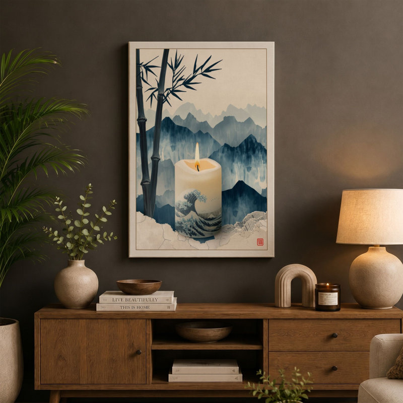 Candlelit Meditation Japandi - Wrapped Canvas, 30x20 - 76.2 x 50.8 cm, Black Border