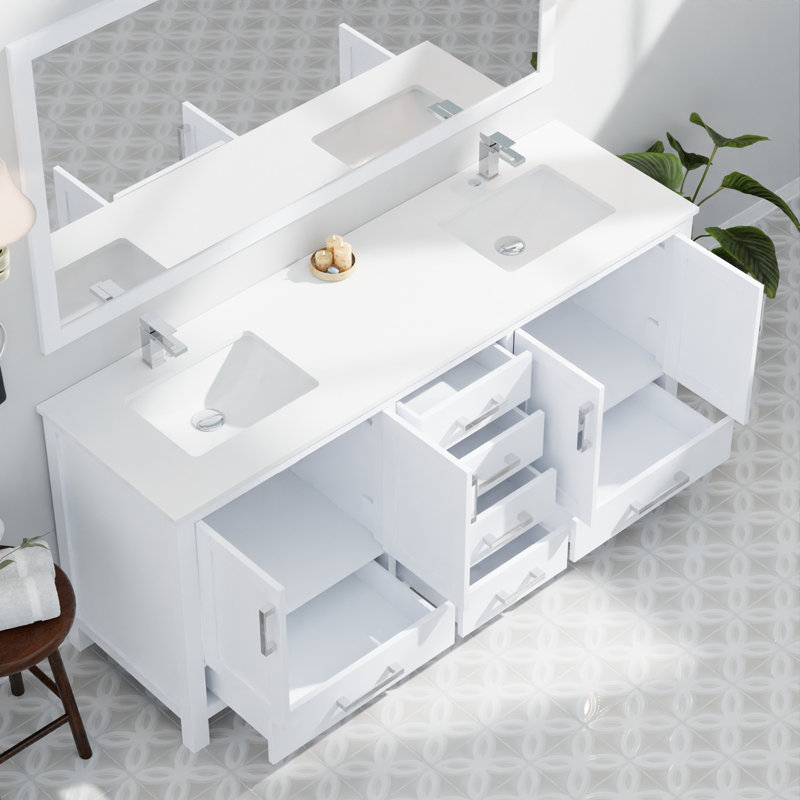 Meuble-lavabo double P 22 po, plateau en marbre de culture, ensemble de robinet et miroir 28 po, Blanc