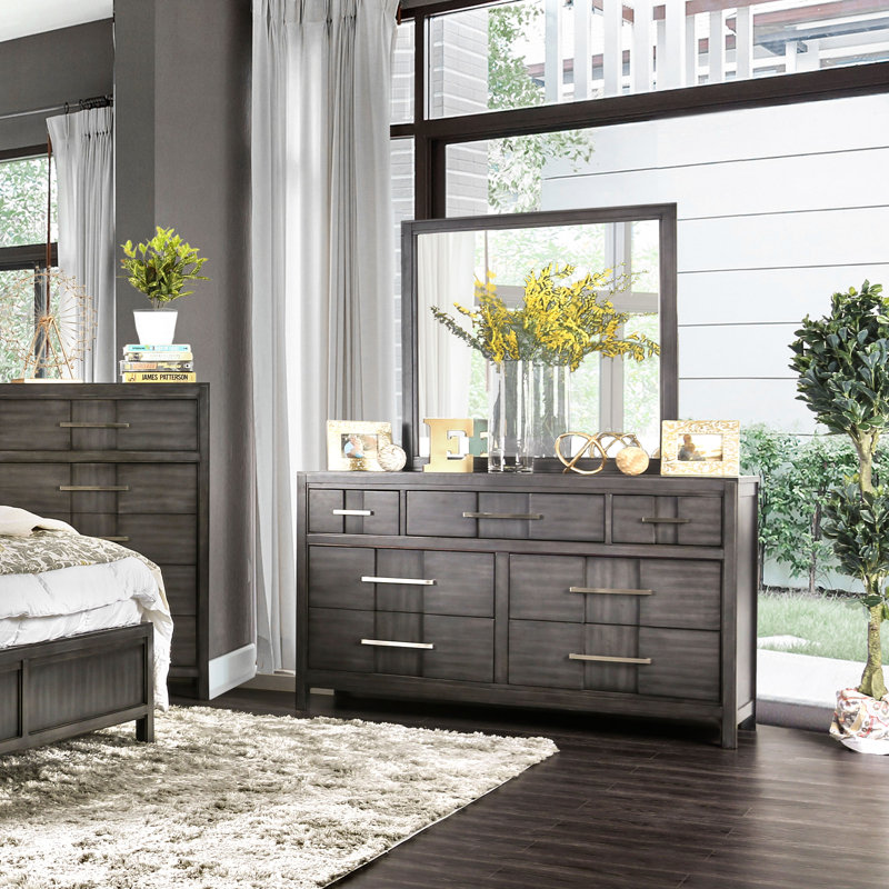 Cayer 7 Drawer 58" W Dresser with Mirror, Gray