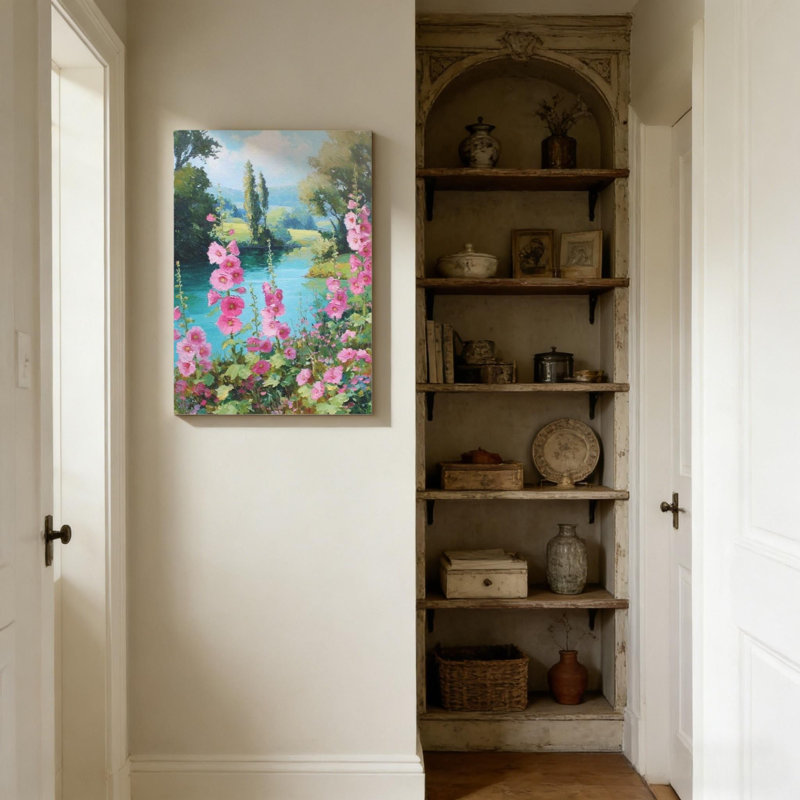 16 po x 24 po, roses trémières, paysage naturel enchanteur, peinture à l'huile, fleurs en fleurs, cadre en bois massif, support, art mural, bleu, rose