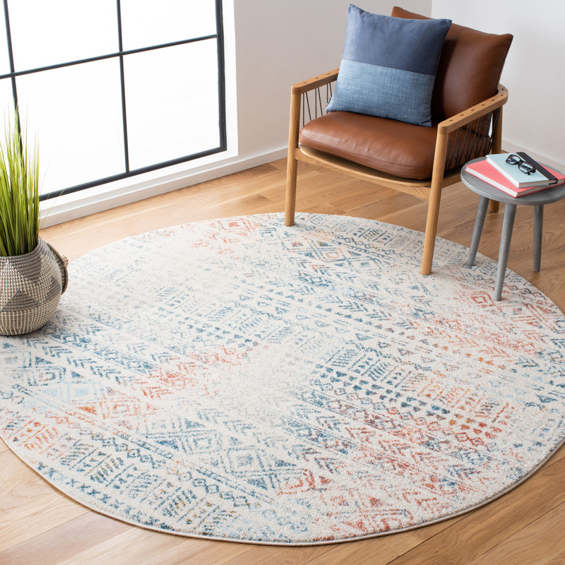 Tapis ivoire / terre cuite / bleu sarcelle Gasaway, Rond 6 pi 7 po