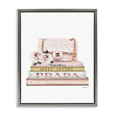 Pink Purse Gold Bookstack Glam Fashion Watercolor Design Luster Gray Framed Floating Canvas Wall Art by Amanda Greenwood