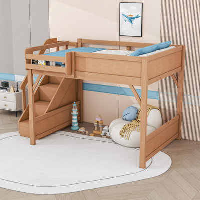 Loft Bed with Built-In Wardrobe, Storage Shelves, Safety Guardrails and Staircase