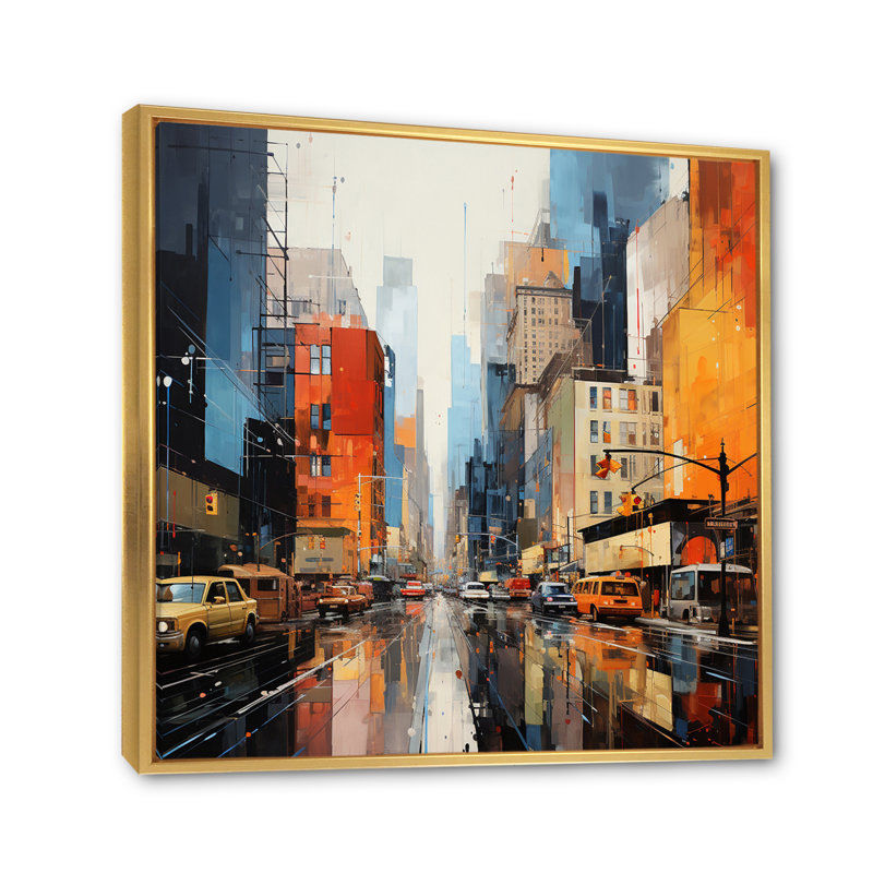 Mid-Century Mid-Century Metropolis II - art abstrait bleu Mid-Century, H 16 po x l 16 po x P 1 po, Cadre flottant doré