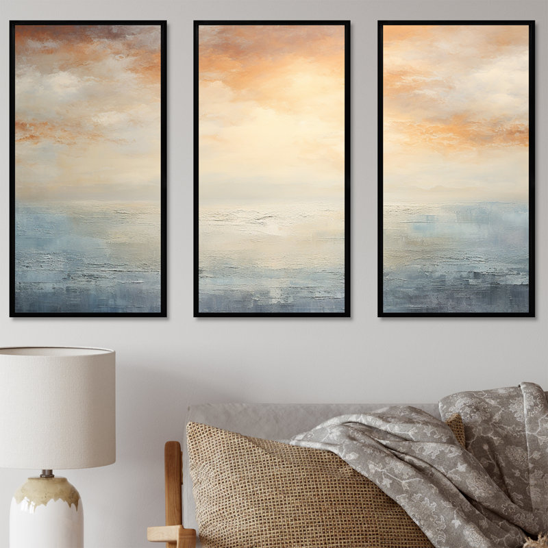 Beige et plage dorée coucher de soleil horizon II, Cadre flottant noir, H 28 po x l 36 po x P 1 po
