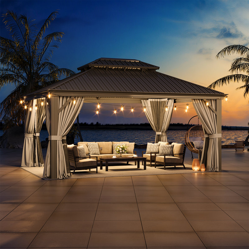 16x12 FT Hardtop Gazebo with Double Roof, 120mm Aluminum Posts & Built-in Gutter, Black & Grey, 16 Ft. W x 12 Ft. D