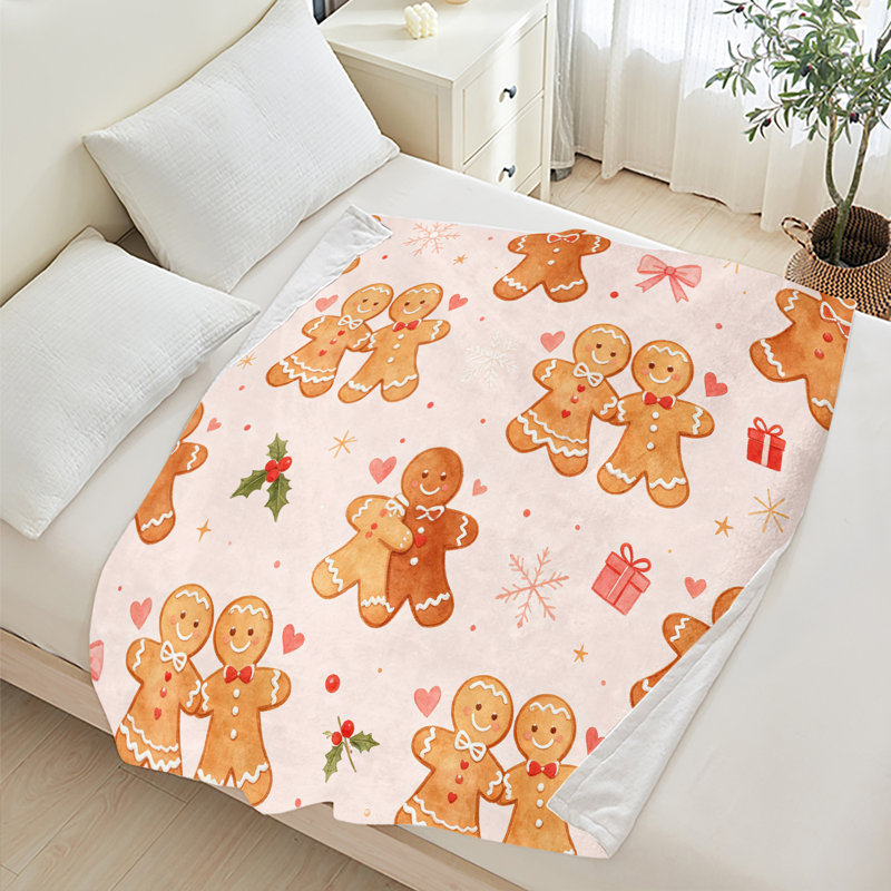 Plaid de Noël en flanelle polaire JYK, léger, respirant, doux et chaud en microfibre pelucheuse, 127 x 152 cm, motif de couple de pain d'épice.