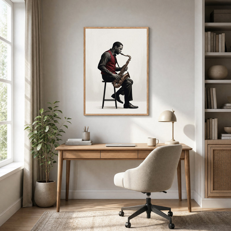 Tableau sur toile représentant un saxophoniste assis sur un tabouret en gilet rouge, 48"H x 36"W