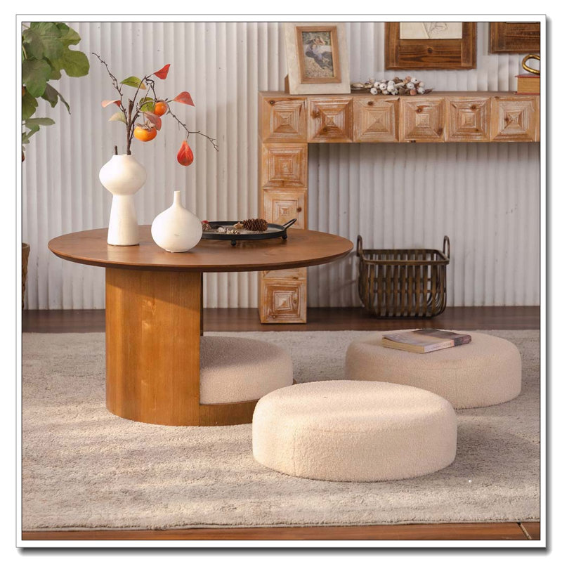 Table basse ronde en bois 31,5 "avec 3 tabourets gigognes en tissu Teddy, ensemble de table centrale multifonctionnel avec rangement caché Farmhouse