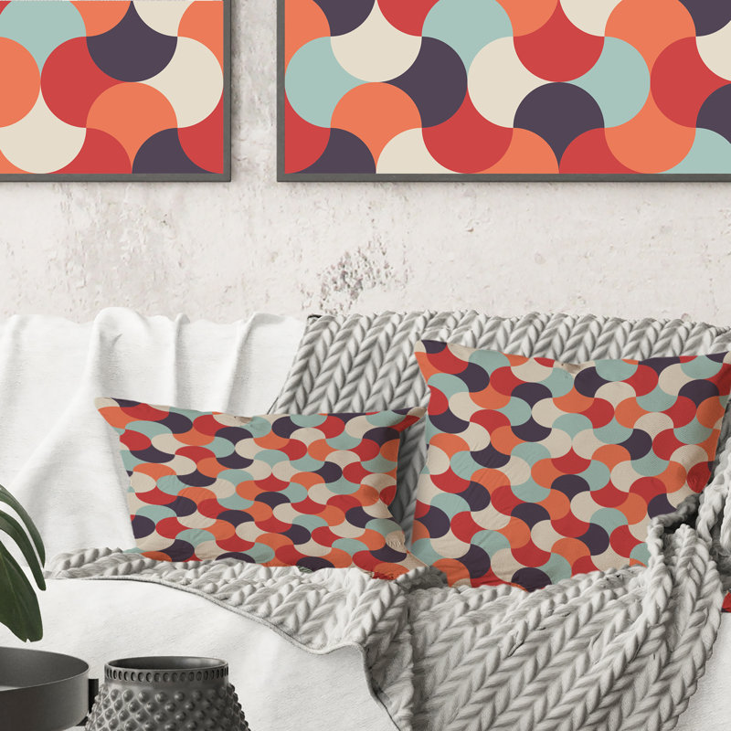 Coussin décoratif rétro à motif géométrique rouge en bleu et orange