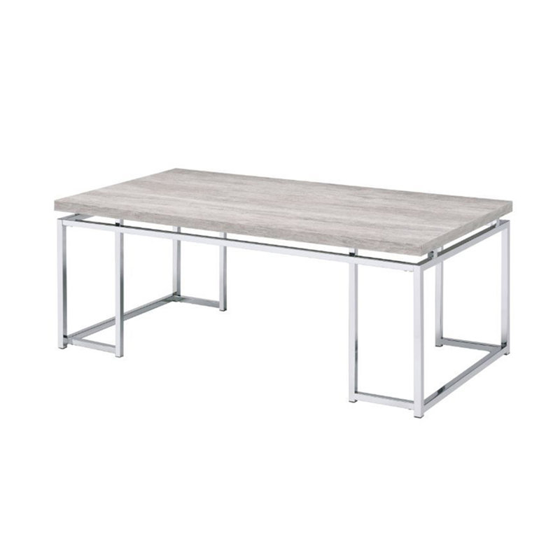 Table basse moderne moderne avec base de traîneau en métal chromé et plateau en placage de bois, parfaite pour les espaces de vie contemporains