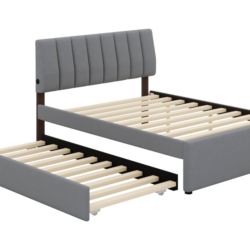Lit plateforme tapissier avec lit gigogne simple, lit plateforme en molleton Teddy, Lit double, Gris