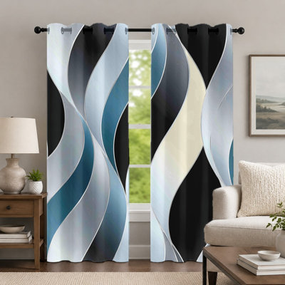 2Pcs Black and Blue Wave-Pattern Curtains, Minimalist Style Curtain, Contemporary Geometric Flowing Lines Printed Art Grommet Drapes, Window Treatment for Bedroom Living Room Decor
