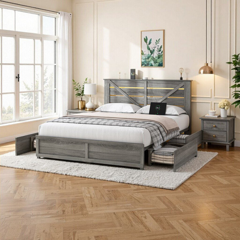 Élégante base de lit de rangement grand format avec éclairage DEL et 4 tiroirs - Base en lattes de métal gris rustique, aucun sommier nécessaire