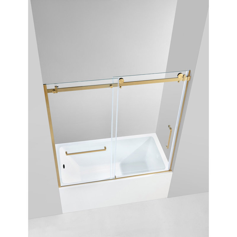 Kingston Brass 60-Inch Acrylic Rectangular 3-Wall Alcove Tub With Tub Door, Drain, Brushed Brass, Left Opening