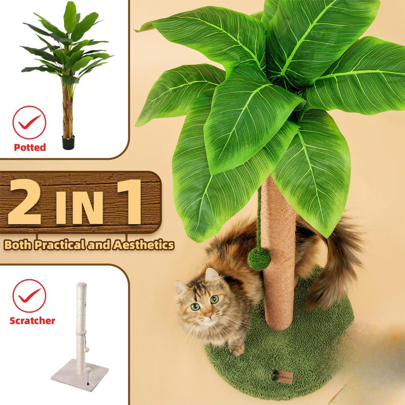 Tall Green Sisal Cat Scratching Post with Palm Leaves