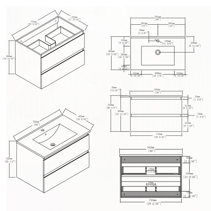 Meuble-lavabo flottant 30 po avec lavabo, 30", Noir
