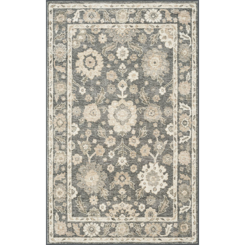 Tapis oriental gris anthracite lavable à la machine 5 pi x 6 pi 11 po March, Gris, Rectangle 5 pi x 6 pi 11 po