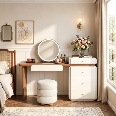 Modern Makeup Vanity Desk, 62.99" Wide, LED Light, 5 Drawers, Jewelry Storage